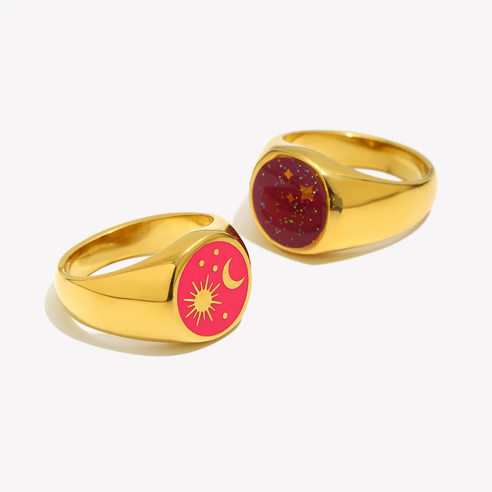 Round Circle Star Moon Universe Starry Sun Colorful Enamel Stainless Steel Singet Rings For Women Golden Ring Jewelry