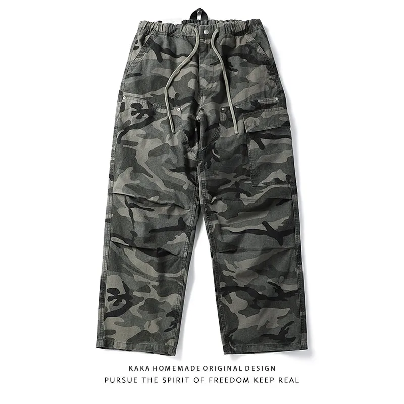 

Ретро-камуфляжные рабочие брюки мужские, свободные, широкие, прямые, повседневные, в японском стиле, из чистого хлопка, плотные