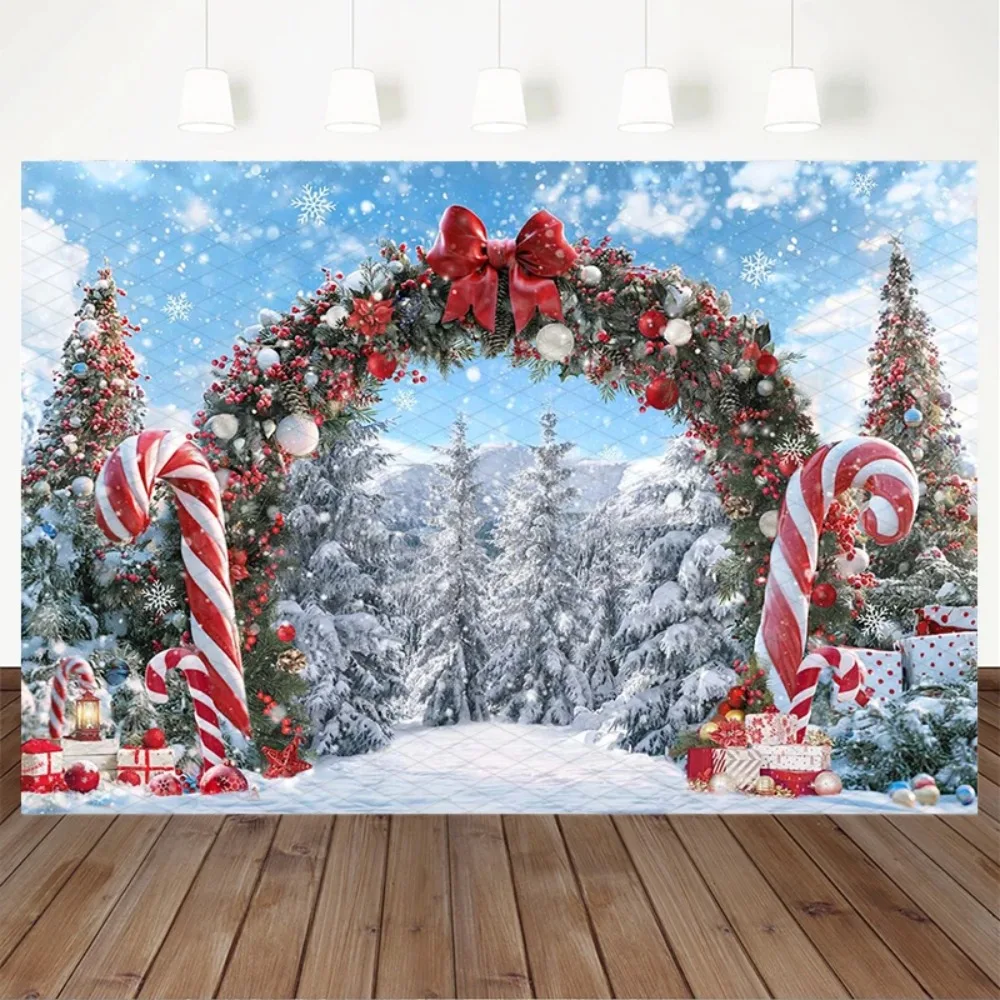 Winter Christmas Red Bow Candy Cane Theme Banner Background, Children's Birthday Party Decoration Photography Background Cloth