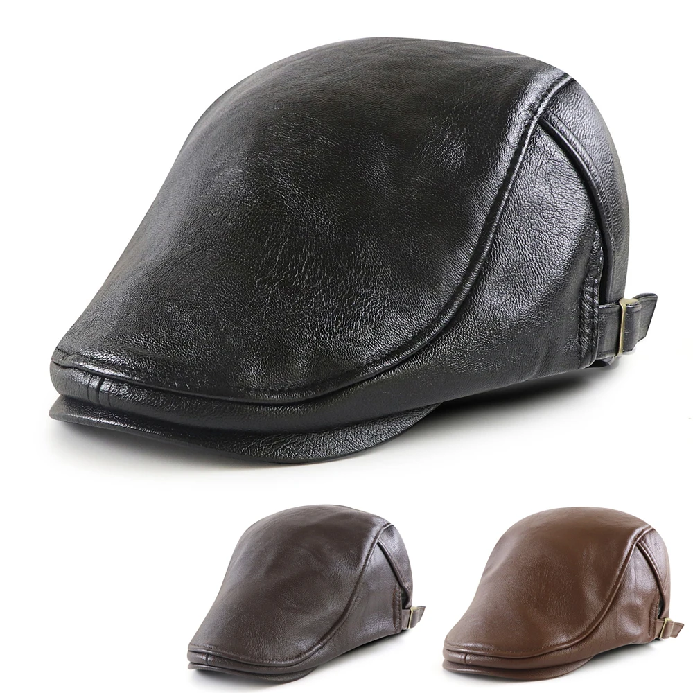 

Classic PU Leather Hat for Man Solid Color Winter Warm Peaked Cap The Elderly Duckbill Visor Hats Driver Adjustable Ivy Caps