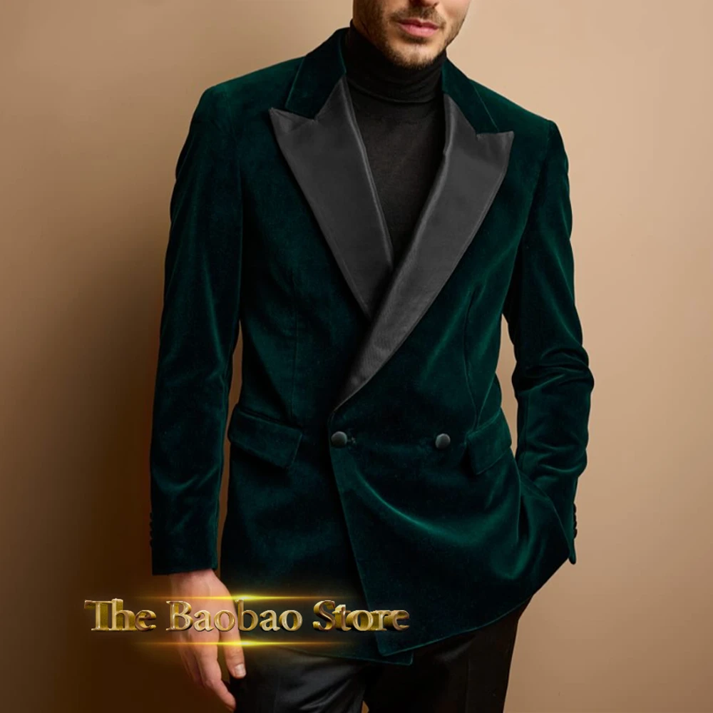 Chic Velvet Suit for Men Dark Green 2pcs Set Peak Lapel Jacket Black Pants Slim Fit Outfit Tailored Tuxedo for Prom Party Casual