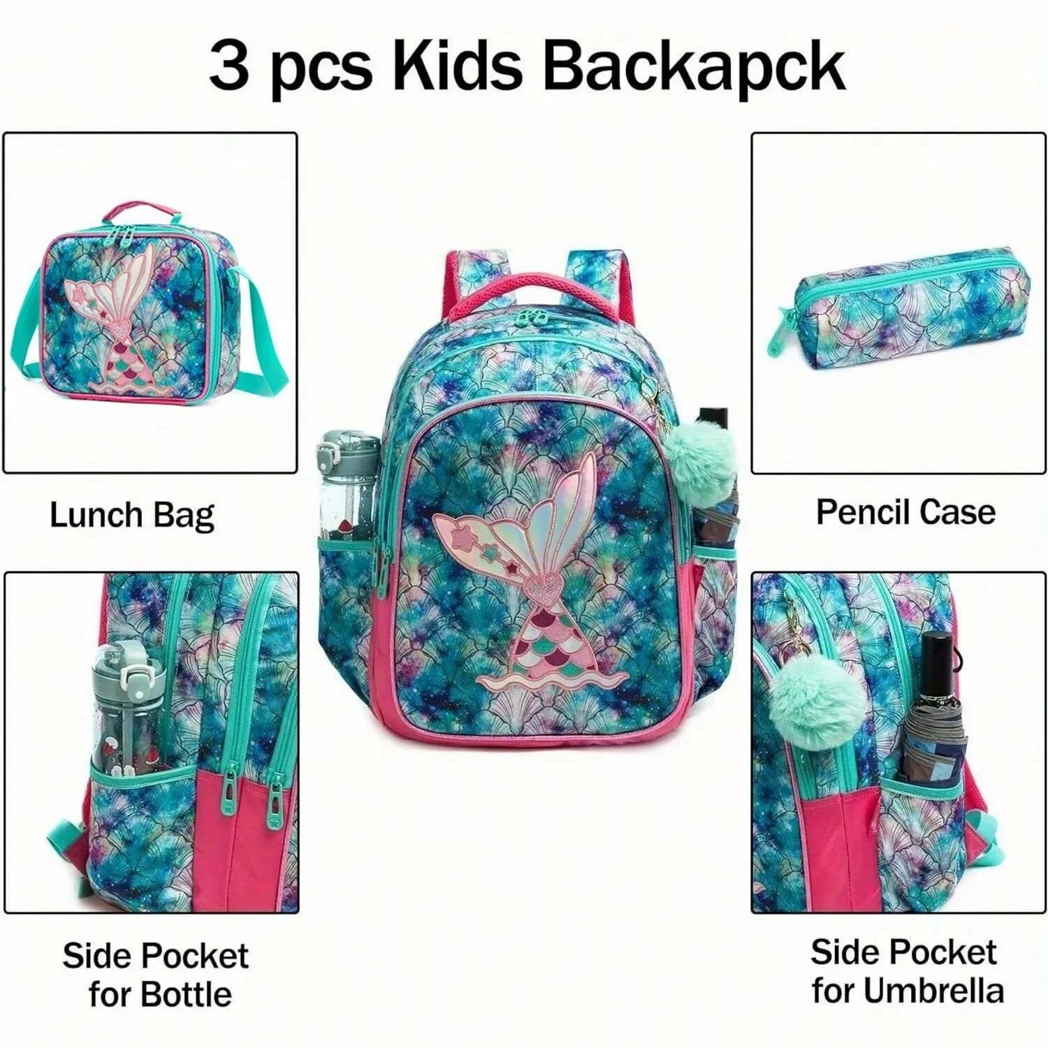 3 PCS Backpack Set in Primary Schoolbag Girls School Bags Waterproof Book Bags Children School Bags with Lunch Bag Pencil Case