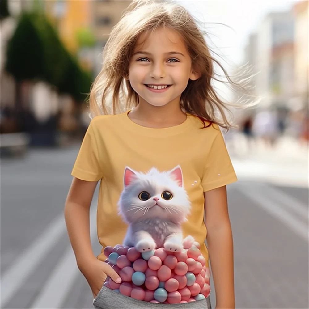 Kawaii Cat T-Shirts Girl Short Sleeve Tee Tweens Girls Clothing Summer Round Neck Children's T-Shirt Fashion Tops Girl T-Shirts
