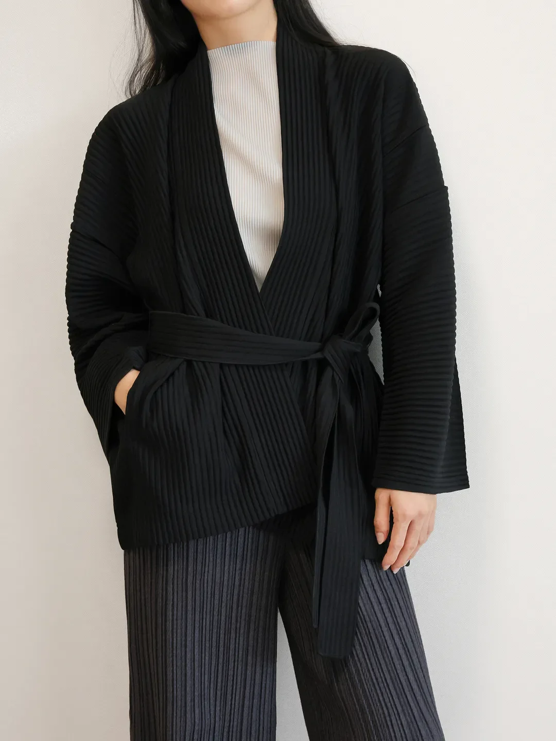Fold Miyake Pleated Belted Cardigan Solid Long Sleeve Open Front 2026 Autumn Winter Wrap Jacket Serene Soft Fluid Piece
