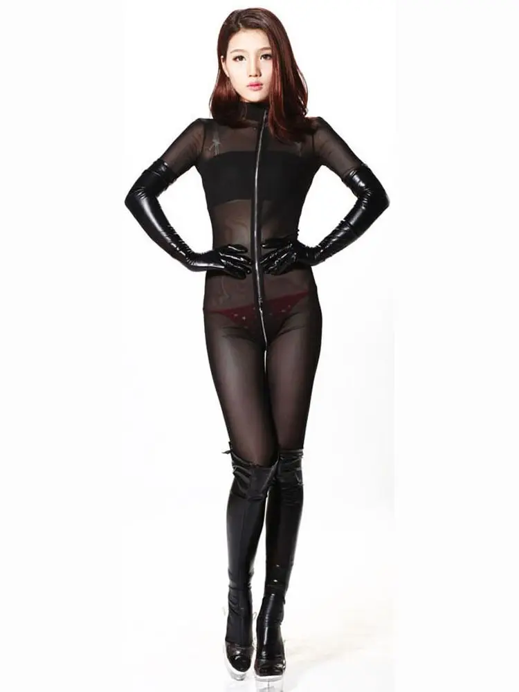 

Mesh Transparent Bodystocking Catsuit Long Sleeve Two Way Zipper Open Crotch Bodysuit Tights Hot Sexy Clubwear Lingerie Leotard