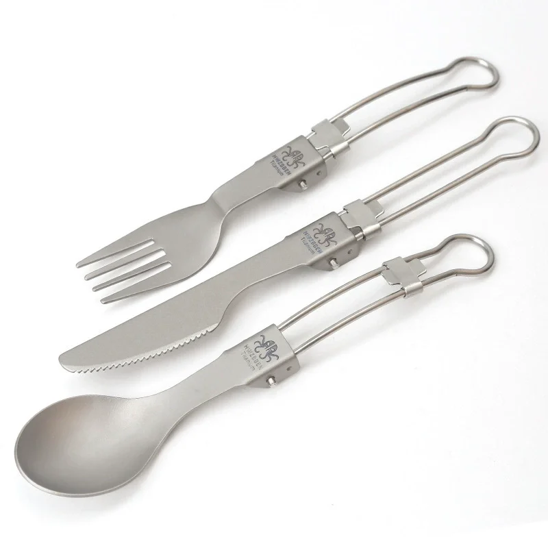 Pure Titanium พับส้อมแบบพกพาช้อนส้อมมีดชุดเดินทางพับได้กลางแจ้งชุดเดินป่า Picnic Camping อุปกรณ์