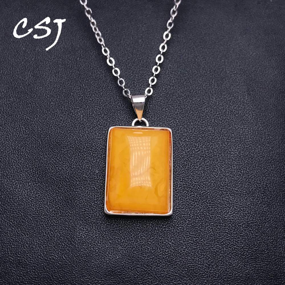 CSJ Elegant Natural Amber Pendant Sterling 925 Silver Gemstone 15*20mm Fine Jewelry Necklace For Women Wedding Party Gift