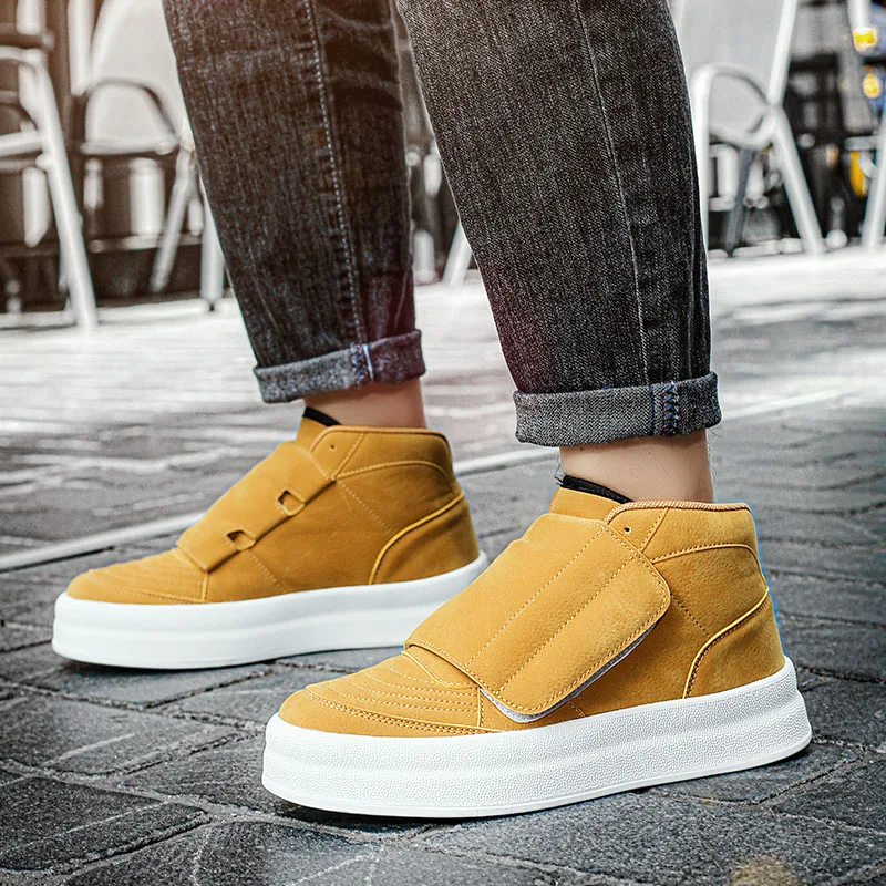 New Yellow Suede Leather Shoes For Men Size 45 Fashion Hook and Loop Platform Sneakers Men Autumn Men\'s High top Casual Shoes