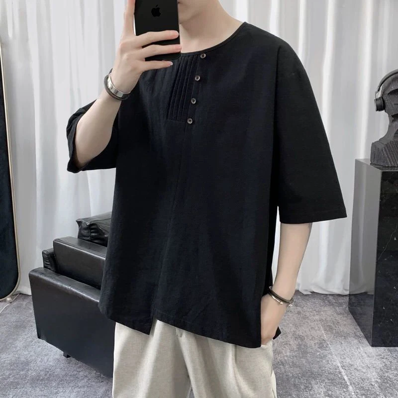 

Summer Chinese Style Cotton Linen O Neck Short Sleeve T Shirt Fashion Spliced Hem Irregular 2xl Oversized Clothes Top Black Grey