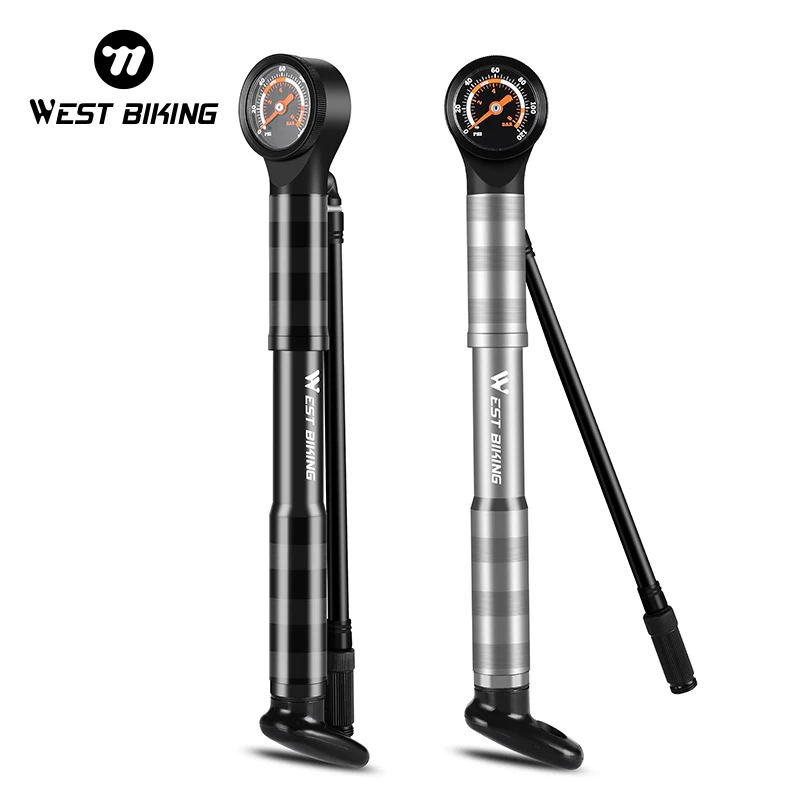 WEST BIKING 120 PSI Bike Pump With Pressure Gauge Aluminum Alloy Tire Inflator Ergonomic hand Pump Extension Hose AV/FV