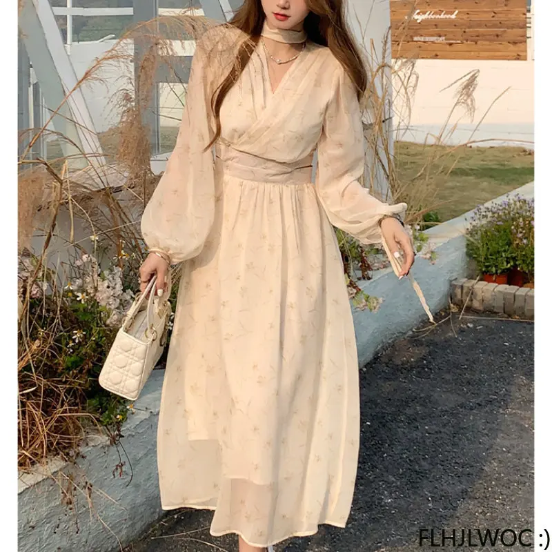 Korean Chic Dresses Elegant Temperament New 2023 Japan Girls A Line Cute Feminine Vestidos Hollow Out Long Retro Vintage Dress