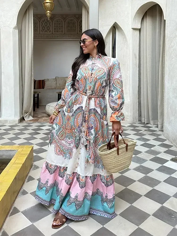 2024 Winter Elegant Printed Dress Chic Stand Collar Single Breasted Full Sleeve Maxi Dress Casual Loose Women Streetwear