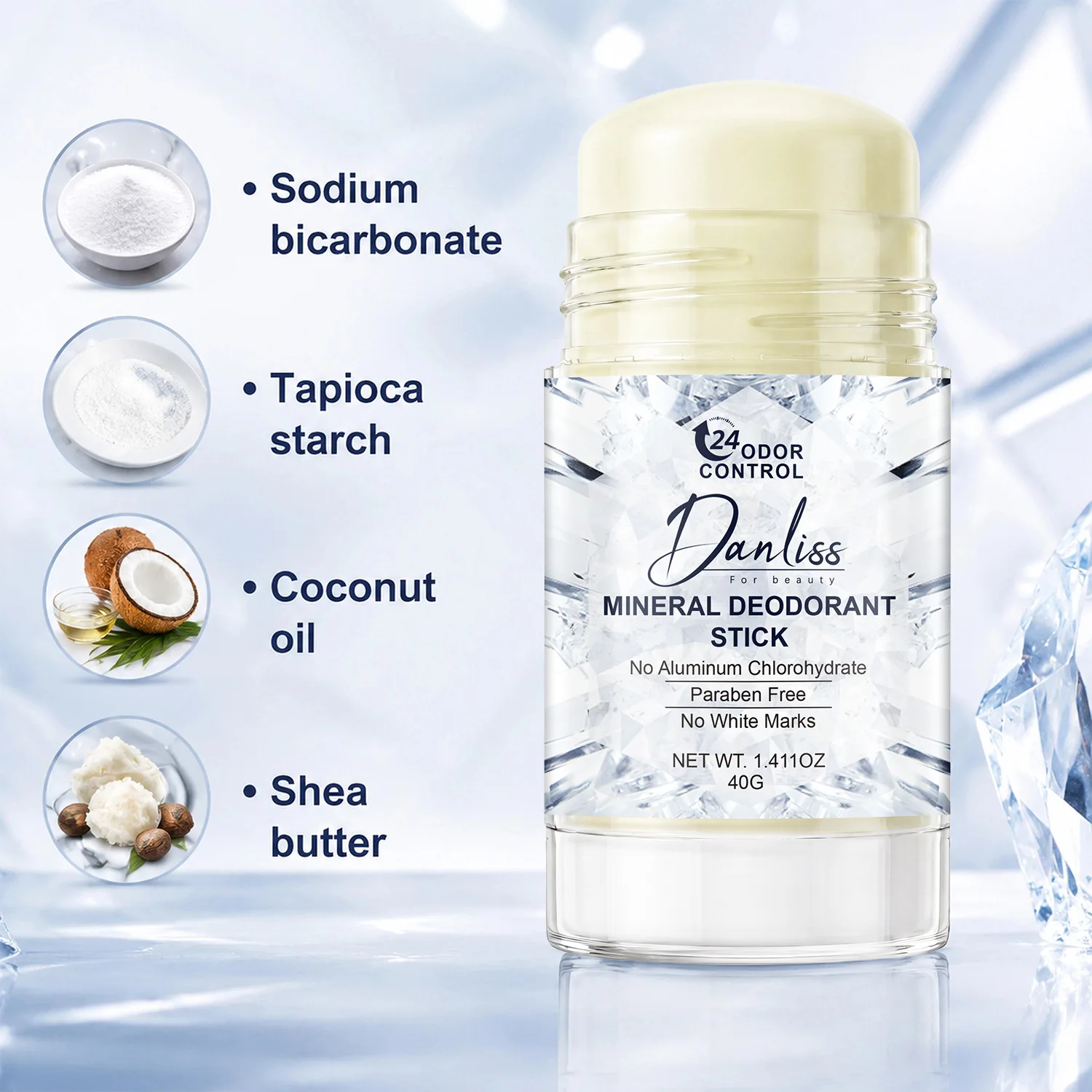 24-Hour Odor Control Mineral Deodorant Stick – Aluminum Chlorohydrate Free,No White Marks, with Sodium Bicarbonate.