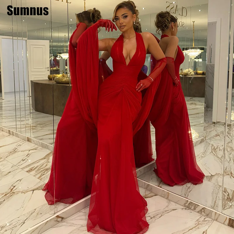 Sumnus Bezaubernde Meerjungfrau-Abschlussballkleider, roter Chiffon, plissiert, tiefer V-Ausschnitt, Neckholder, Maxi-Abendkleid, Gala-Kleid mit Handschuhen, individuell gestaltet