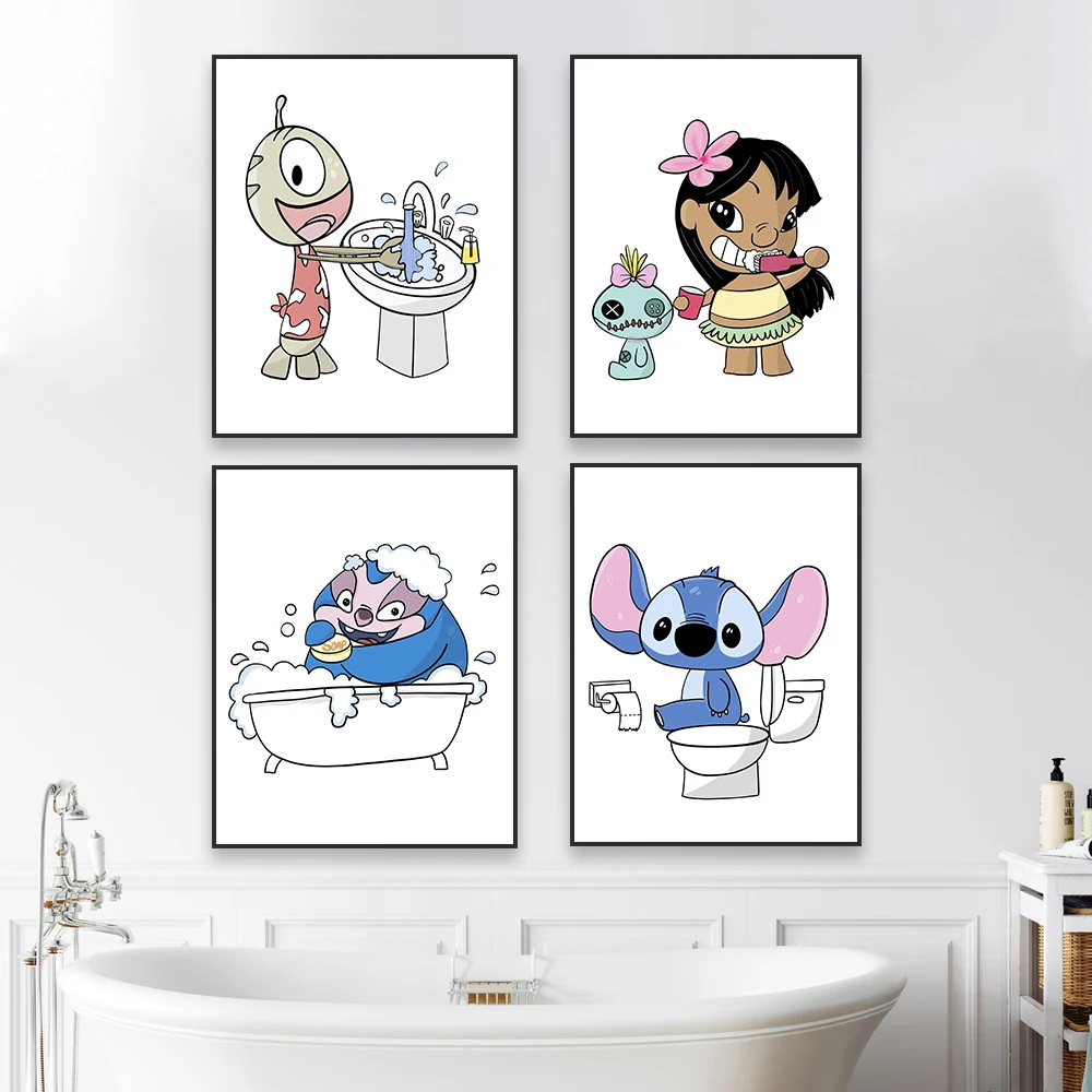 Lilo and Stitch Bathroom Poster Disney Stitch Wall Art Prints Cartoon Colorful Watercolor Art Canvas Painting Kids Bedroom Decor