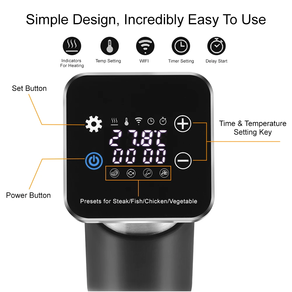 IPX7 Waterproof Thermal Immersion Circulator Smart APP Control 5th Generation Stainless Steel WiFi Sous Vide Cooker