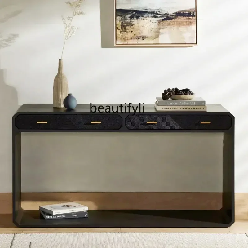 

32American retro solid wood entrance table sofa back table modern simple entrance foyer black decorative table32