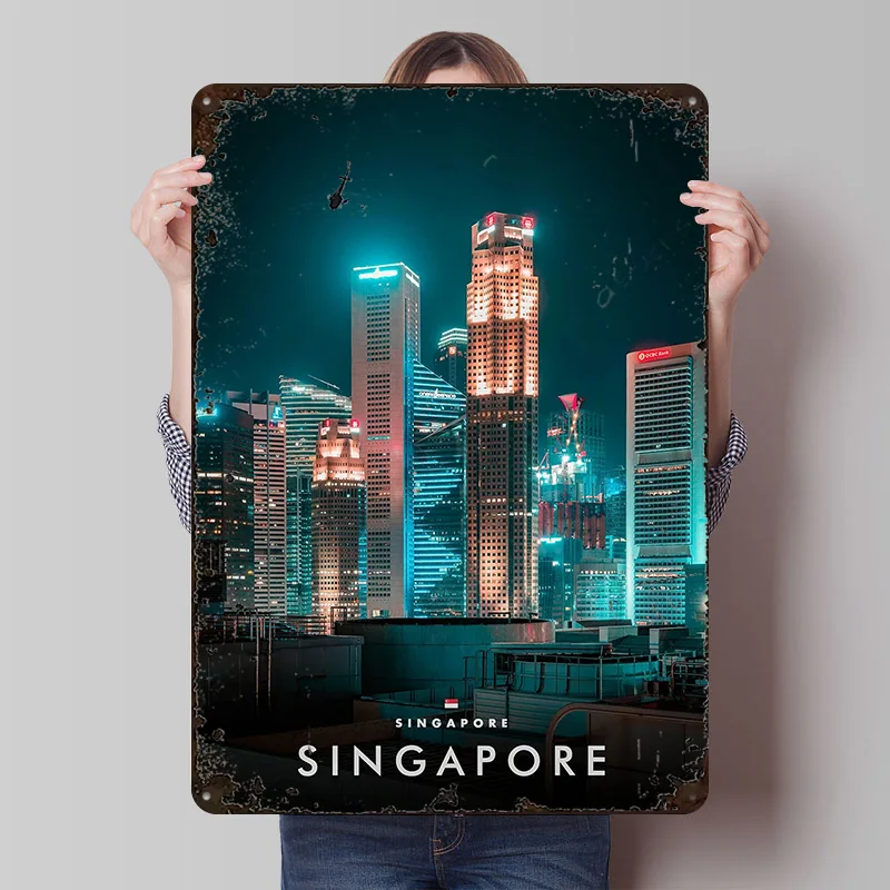 City Lights Singapore Nights Druckposter, individuelle Retro-Wandkunst, Vintage-Metallschilder für Gaming-Raumdekoration, gemütliche Dekoration