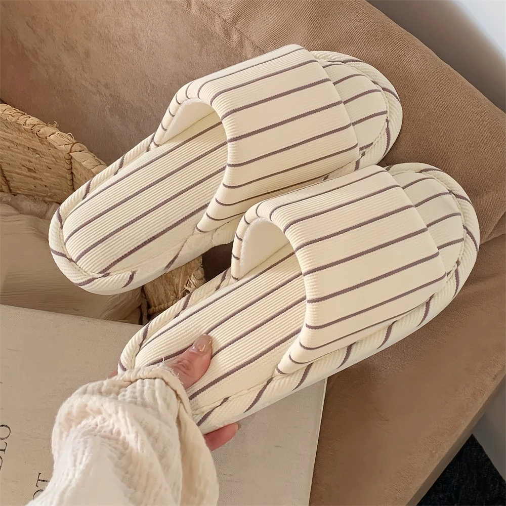 

Korean Style Brief Cotton Linen Slippers For Women Men Home Floor Shoes Anti-slip Striped Style Couples Home House Floor Slides