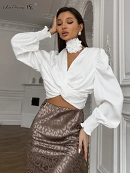 Mnealways18 V-Neck Sexy Women White Lantern Sleeves Ruched Cropped Tops High Street Ladies Cross Slim Autumn Blouses 2024 Chic