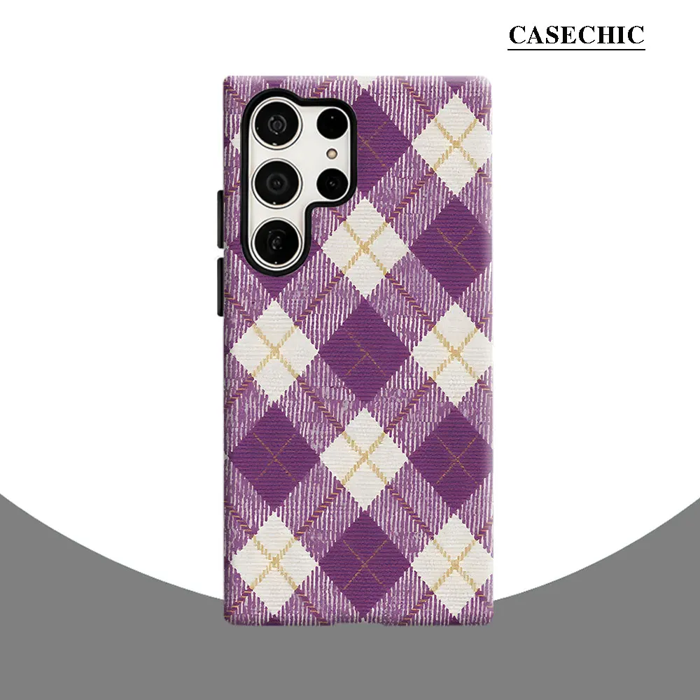 Purple Gold Argyle Phone Case for Samsung Galaxy S26 S25 Ultra S24 S23 Ultra Plus Shockproof Double layer tough Back Cover