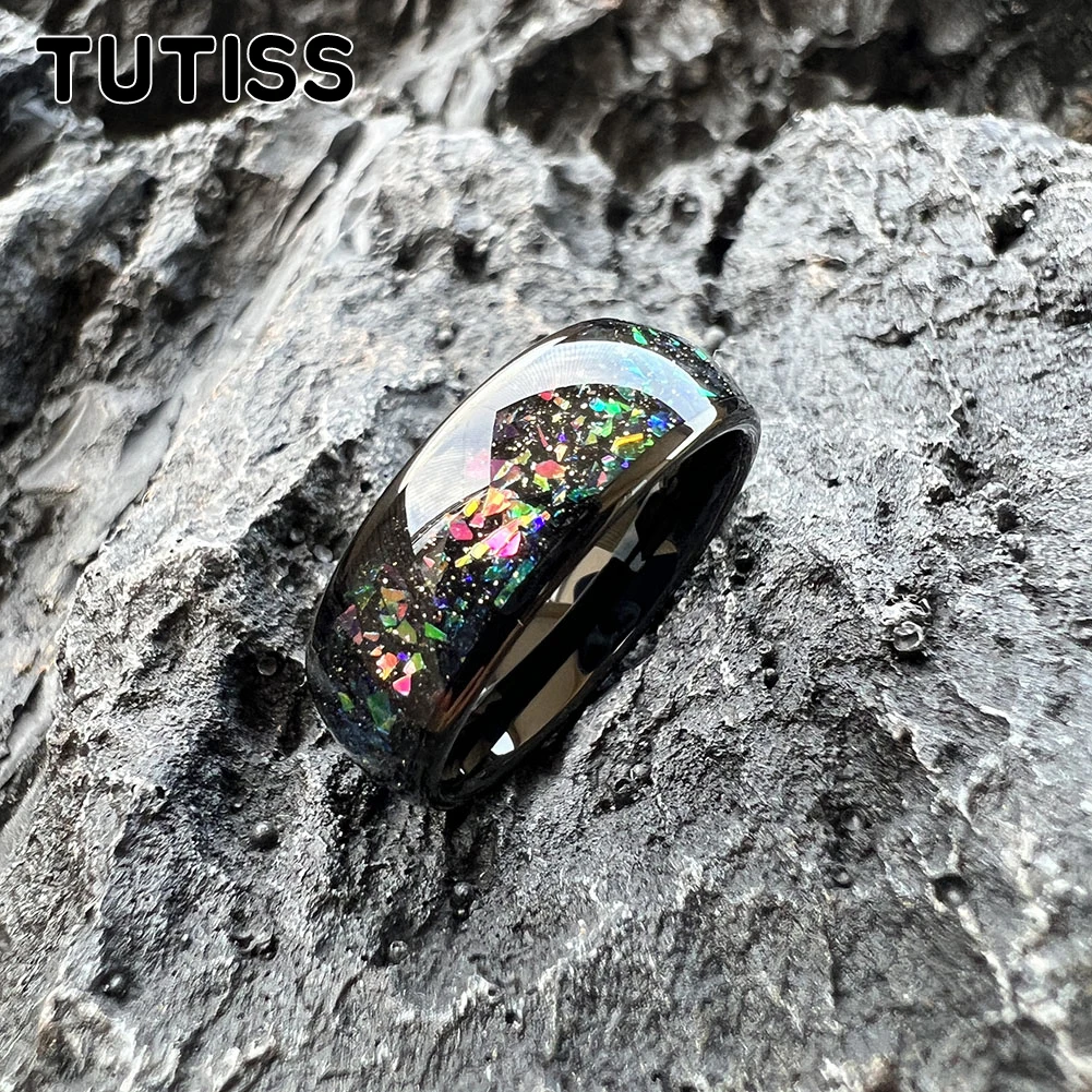 TUTISS 8mm Black Opal Ring Tungsten Wedding Band For Men Women Sandblast Based Domed Polished Comfort Fit