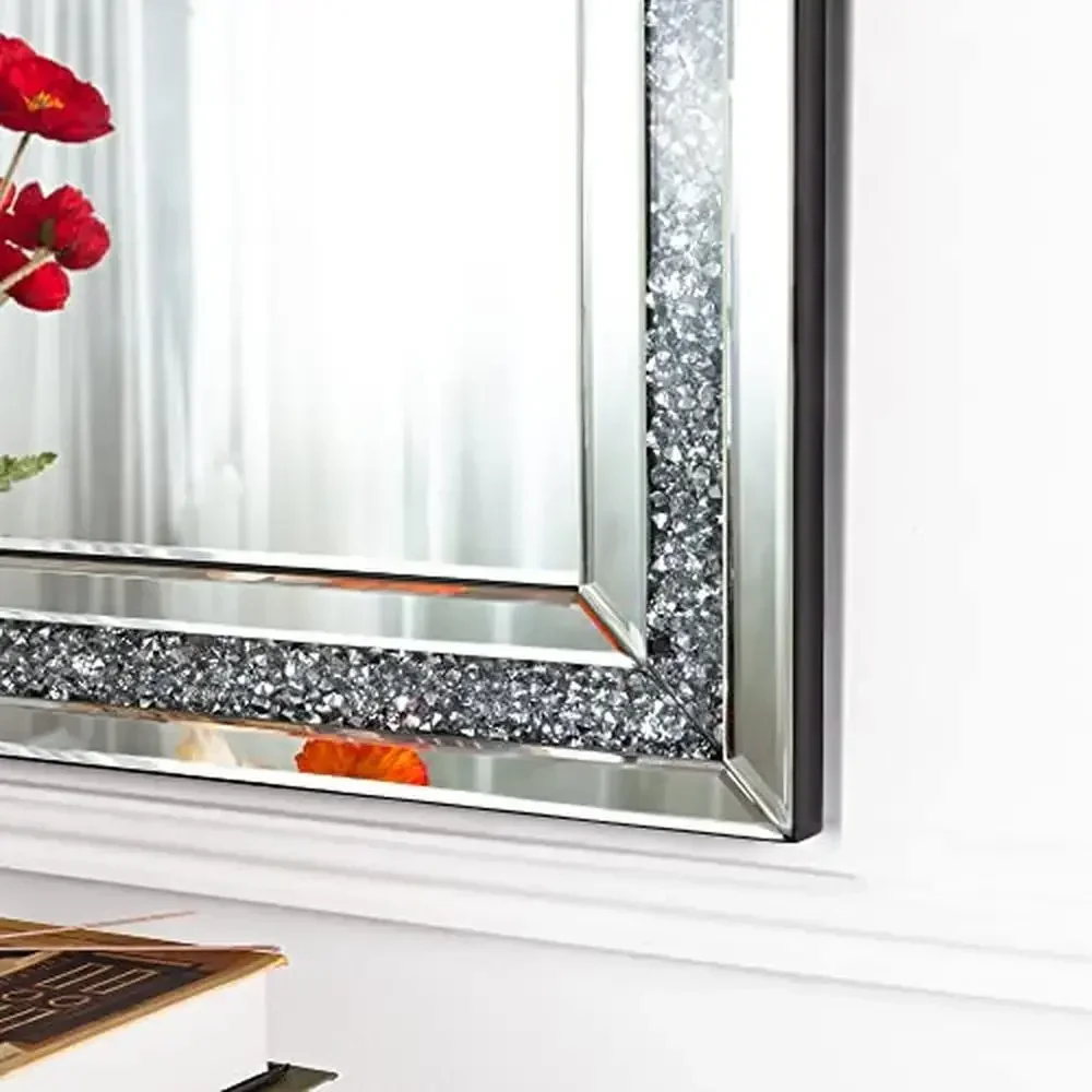 32x24 Crushed Diamond Beveled Wall Mirror Decor Silver Luxury Modern MDF Home Decoration Big Long High-end Sturdy Hooks