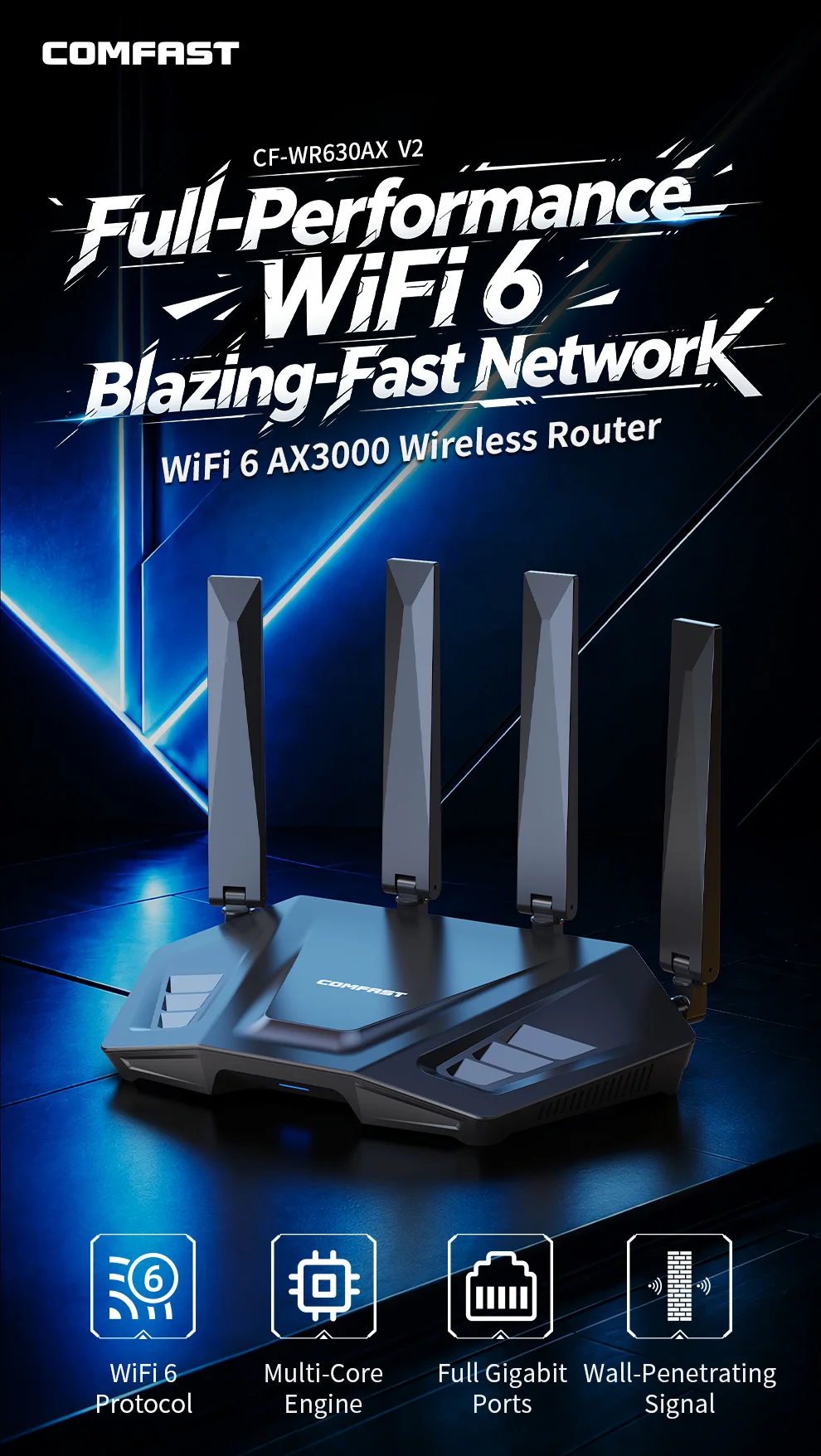 COMFAST AX3000 WiFi6 Mesh Wifi Router with 4Antenna MU-MIMO WPA3 Wireless Gigabit Amplifier 2.4/5.8Ghz WiFi Repeater Extend Home