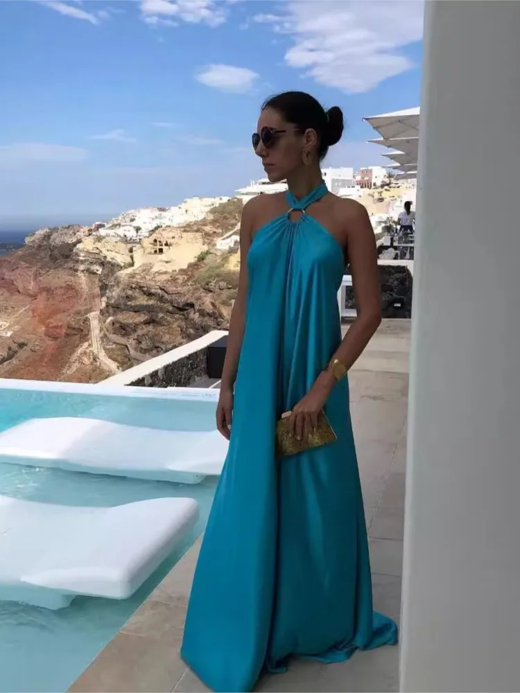 Letnia Damska Seksowna Sukienka Bez Rękawów z Dekoltem typu Halter, Ażurowa Satynowa Sukienka na Ramiączkach, Modna Sznurowana Sukienka z Dużym Rozkloszowanym Dołem i Odkrytymi Plecami