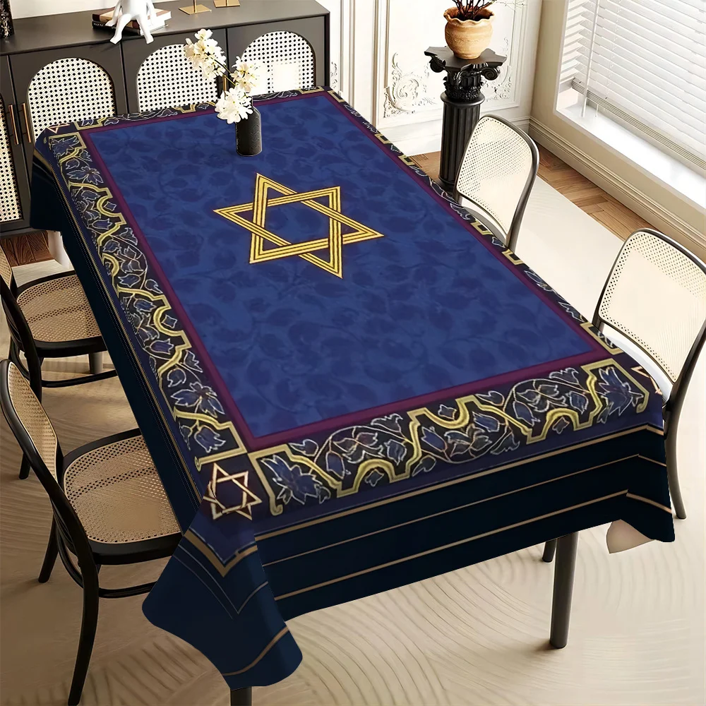 Happy Passover Hexagram Tablecloth Holiday Party Decor Jewish Star of David Print Kitchen Dining Table Cloth Passover Decoration
