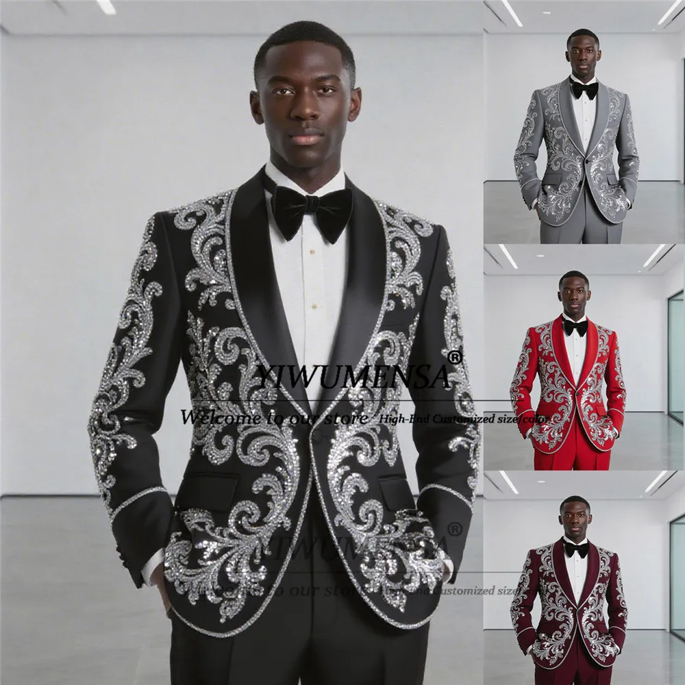

Sliver Crystals Beaded Suits Men For Wedding Shawl Lapel Prom Blazer Outfits Groom Formal Business Dinner Party Tuxedos 2 Pieces