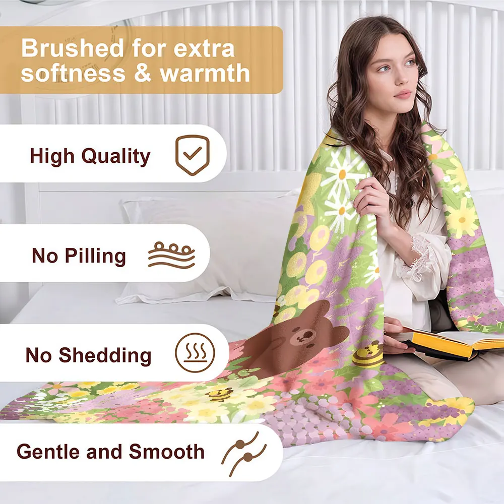 bear bee flower garden Soft Warm Flannel Blanket Lightweight Cozy Christmas Halloween Home Decor Room