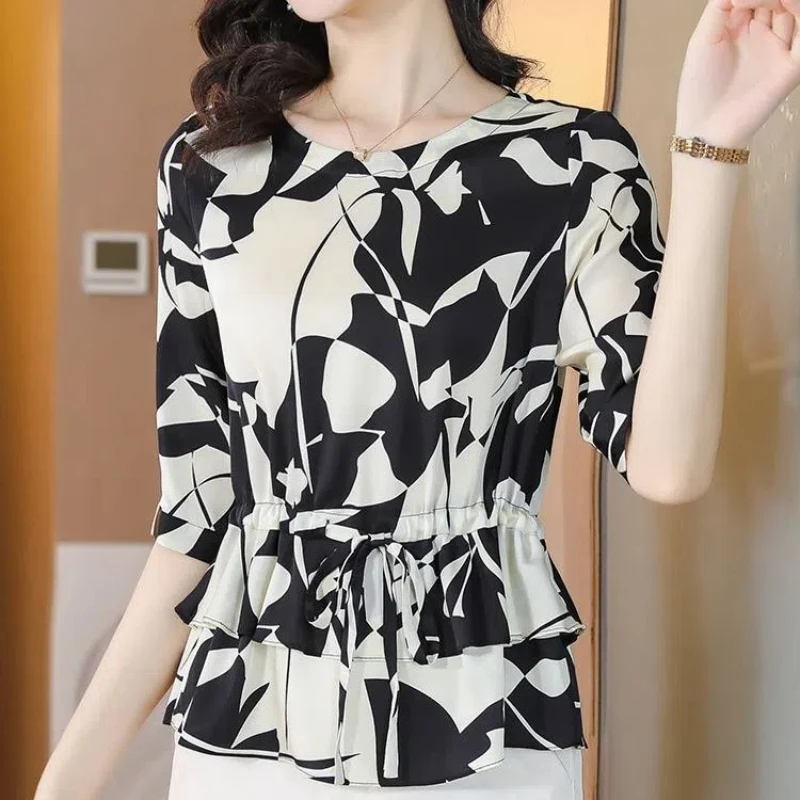 

Fashion Women's Shirt for Summer New Printing Short Sleeve O-neck Loose Drawstring Lacing Blouse Tops Elegant Vintage Clothing