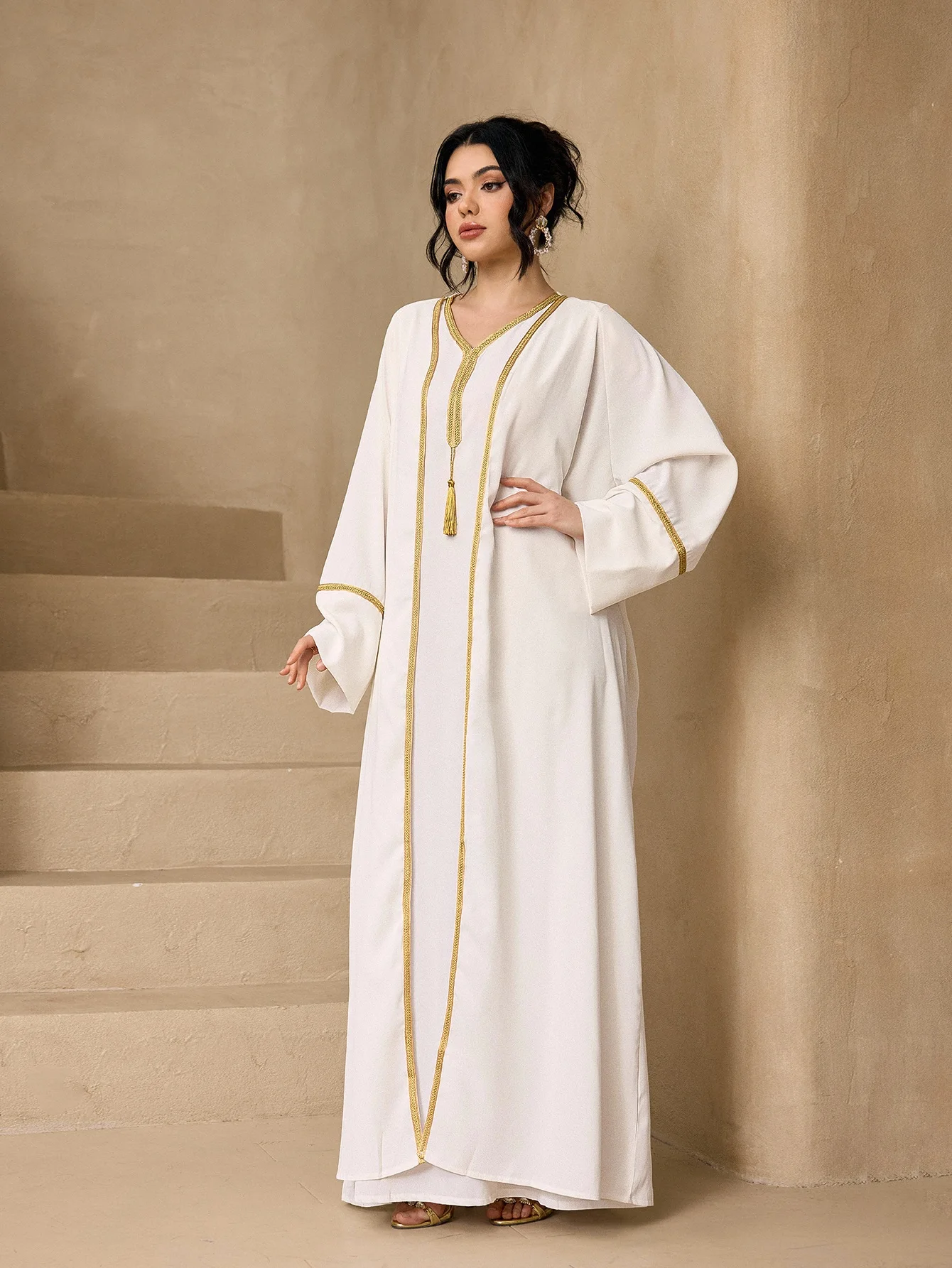 Gold Lace Trim Tassel V Neck Abaya Maxi Dress, Flare Sleeve Loose Modest Kaftan For Muslim Women Eid Party Daily Casual Outfit