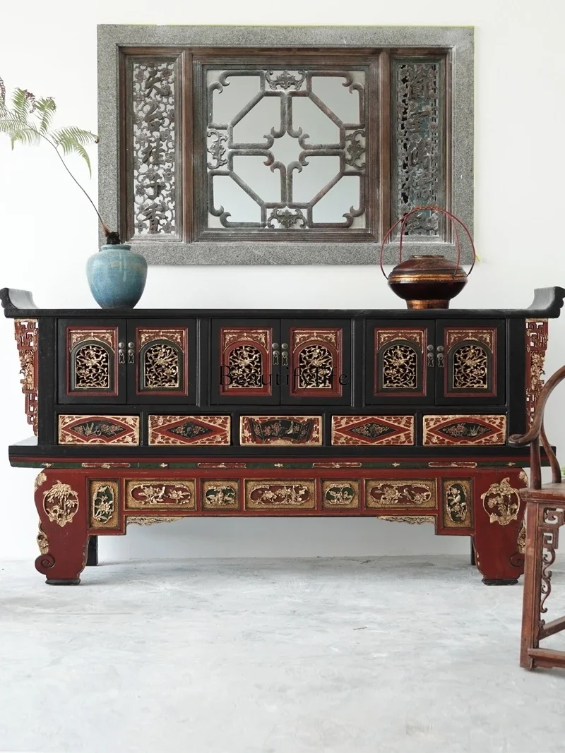 yj58 New Chinese style antique solid wood warped head porch cabinet retro carved gold classical locker