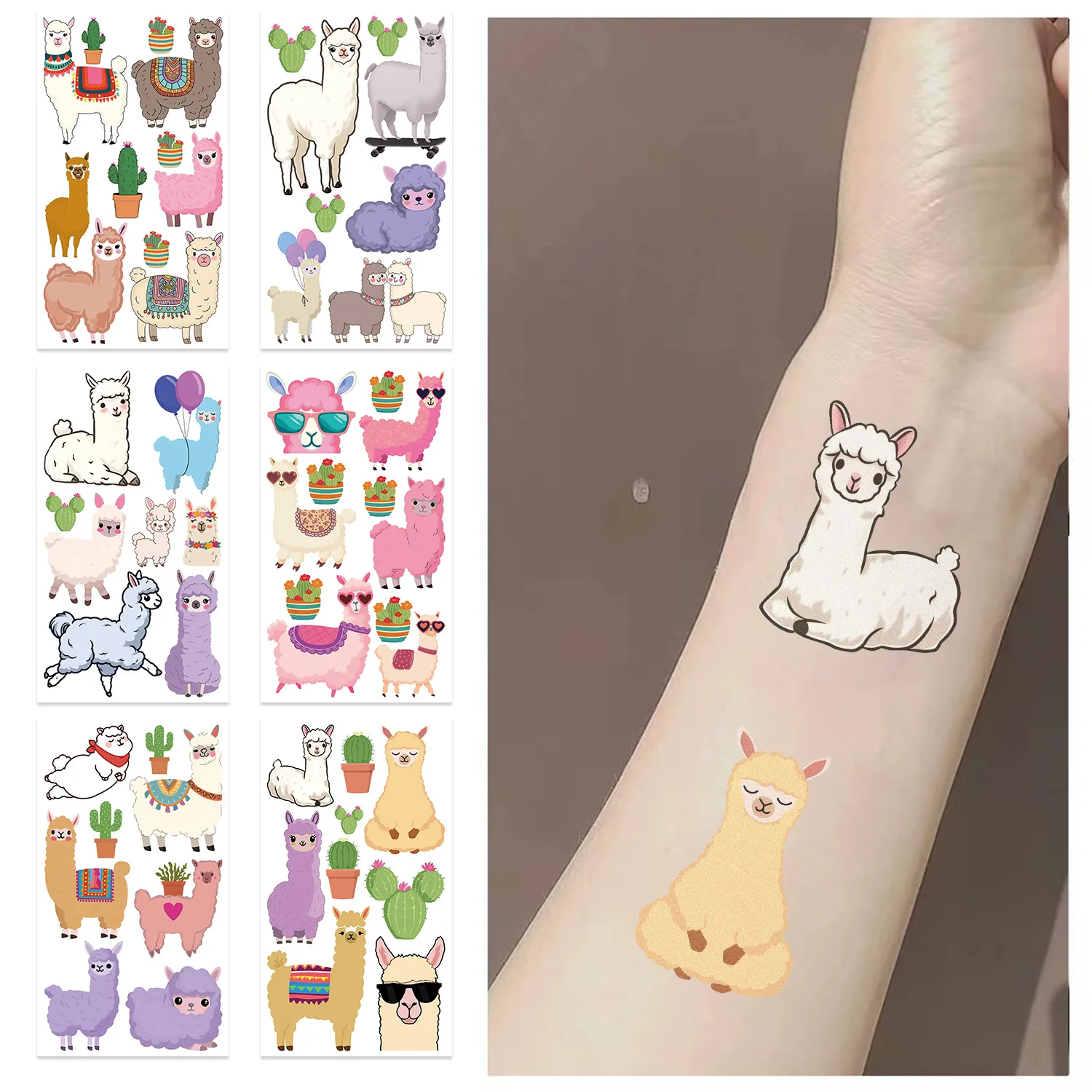 10 arkuszy naklejek tatuaży z serii kreskówkowych, uroczych alpak, wodoodporne, urocze naklejki anime, dekoracja, prezent dla dzieci
