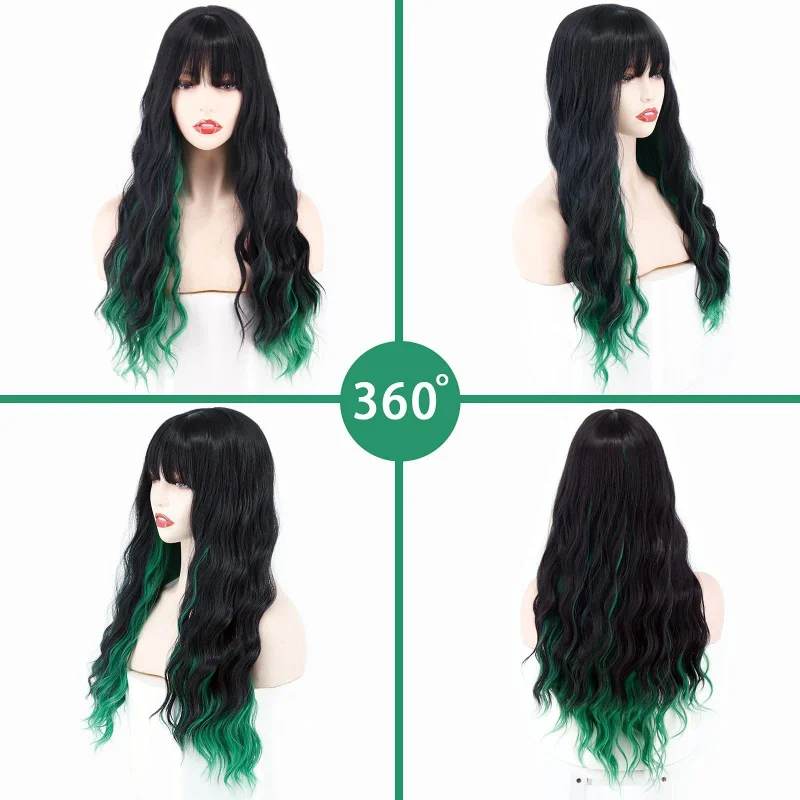 Wigs for women, black and purple, long wavy hair with bangs, synthetic high-temperature fiber wig