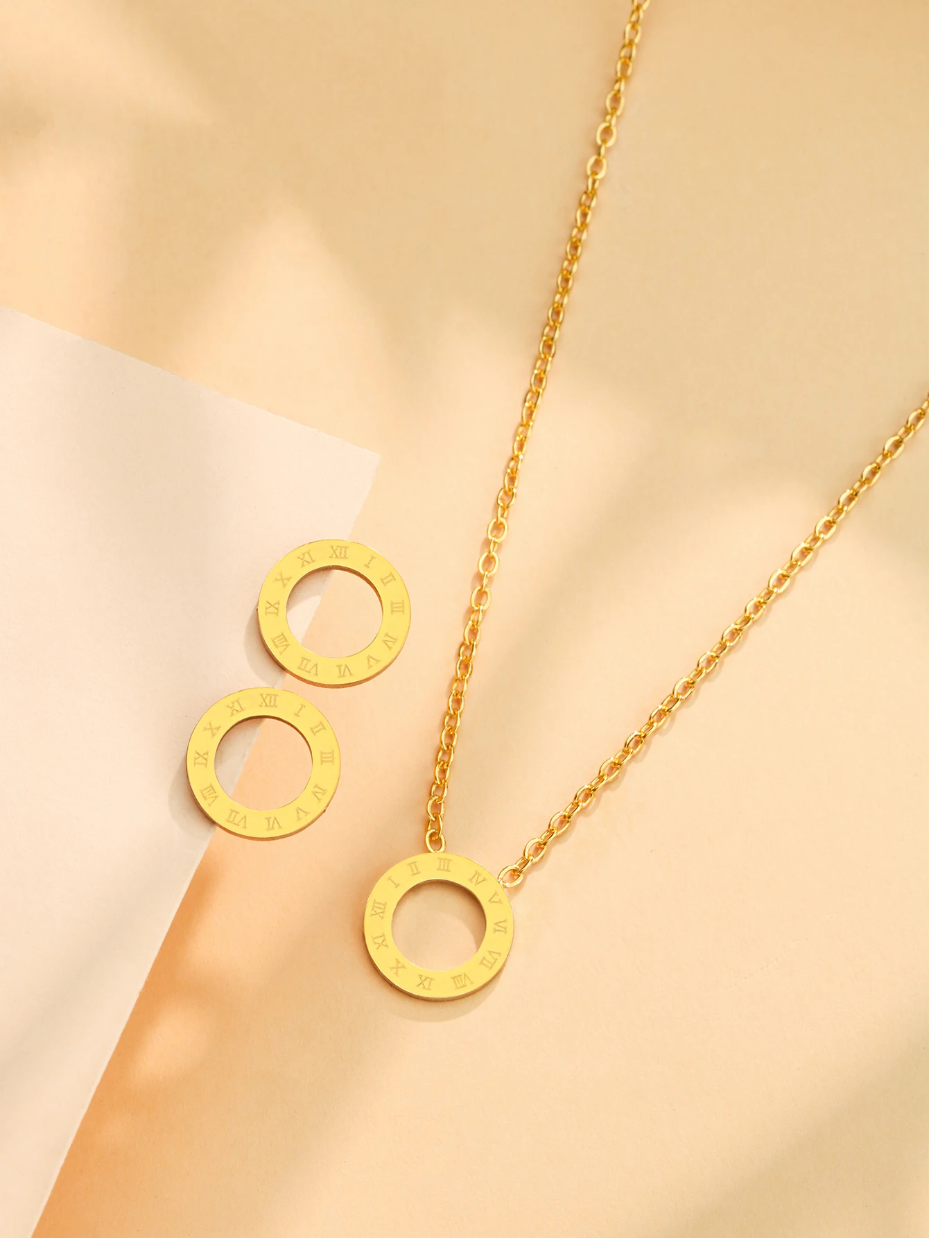 1set/3pcs New Round Hollow Stainless Steel Exquisite Choker Chain Roman Numeral Necklace Earrings Minimally Jewelry Set For Lady