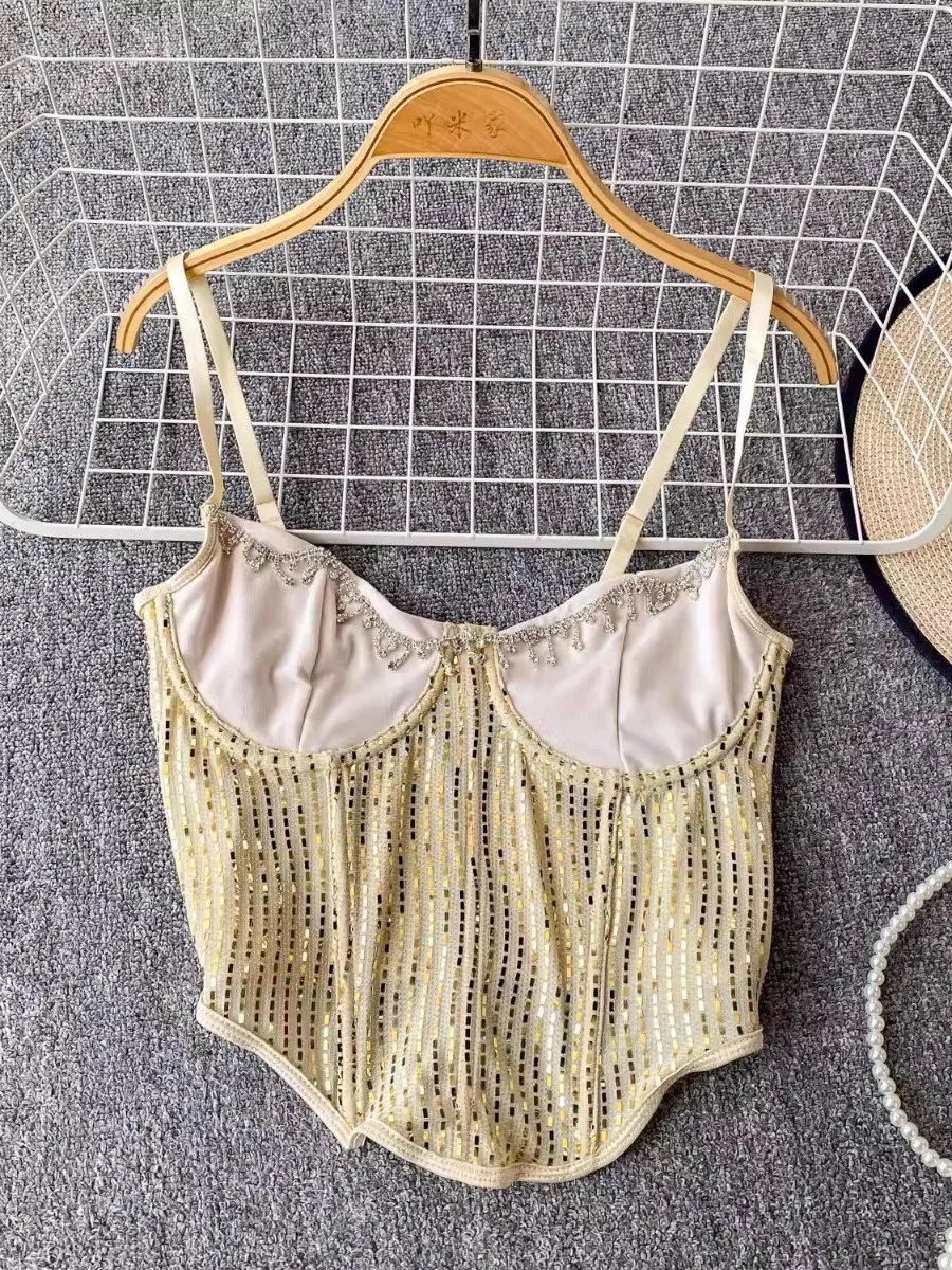 

Foamlina Trendy Glitter Rhinestone Corset Top Women European Designed Hot Stamping Halter Slim Fit Sexy Backless Cropped Vest