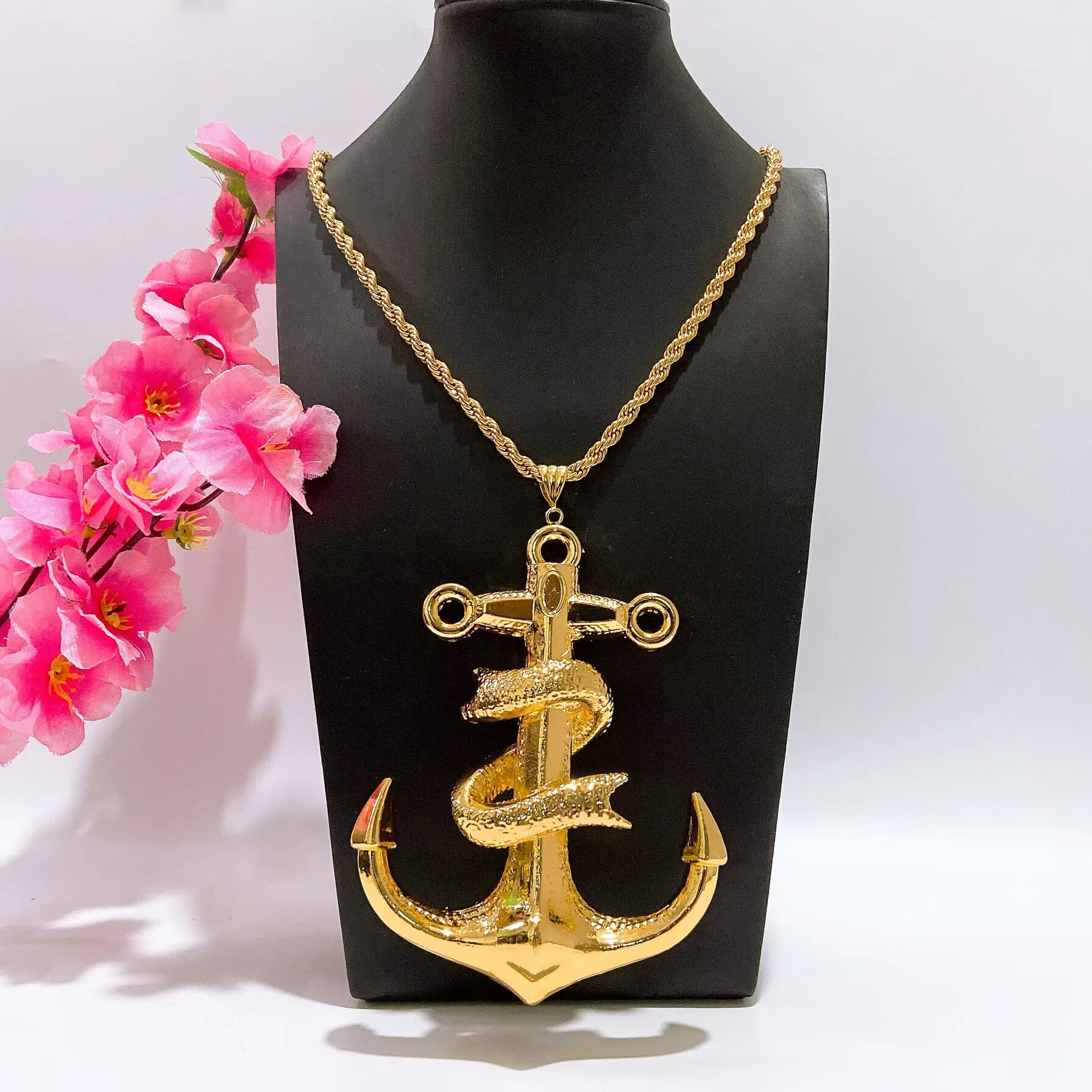Yulaili Vergoldete Legierung Übergroße Anker-Halskette mit Schlangenwickel-Design, Punk Hip-Hop Schmuck für Männer und Frauen, Alltags- und Party-Accessoire