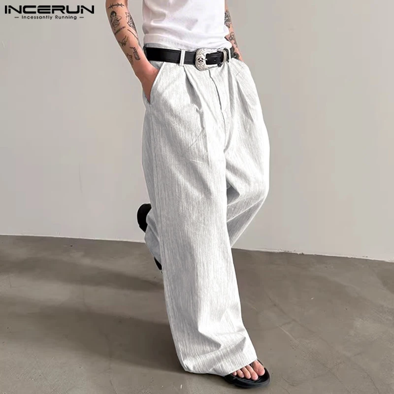 INCERUN 男性ワイドレッグパンツ無地ボタンジョガールーズカジュアルストレートズボン男性ストリート韓国スタイル男性長ズボン