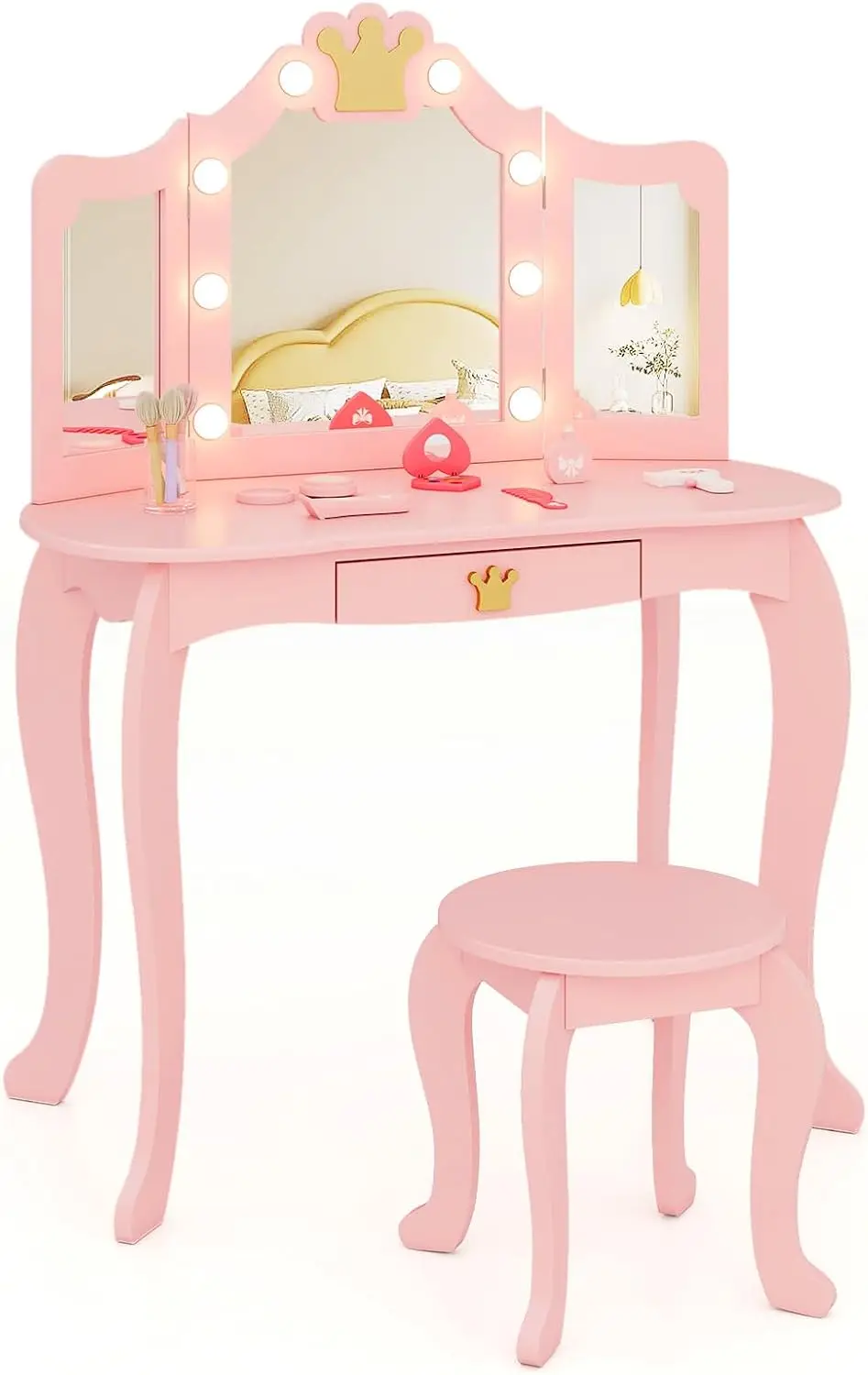 Vanité pour enfants avec lumières, ensemble table de maquillage et tabouret en bois rose pour filles, ensemble table et chaises de jeu de simulation