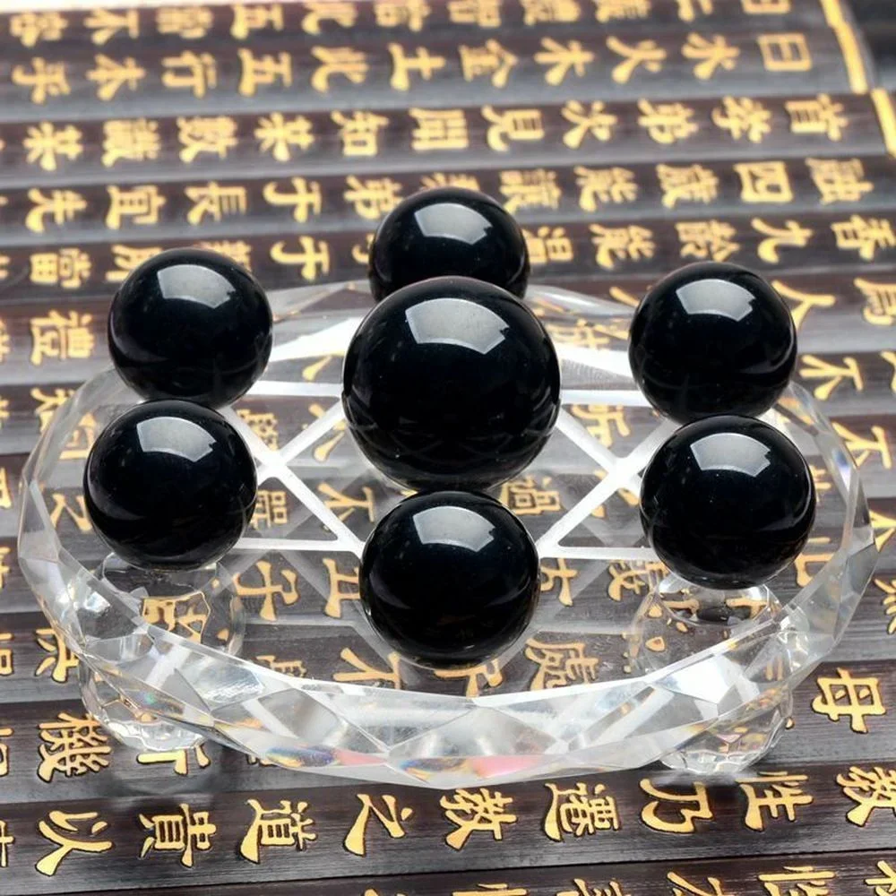 Natural Black Obsidian Seven Star Array Crystal Ball Base Reiki Healing Crystal Feng Shui Home Decoration