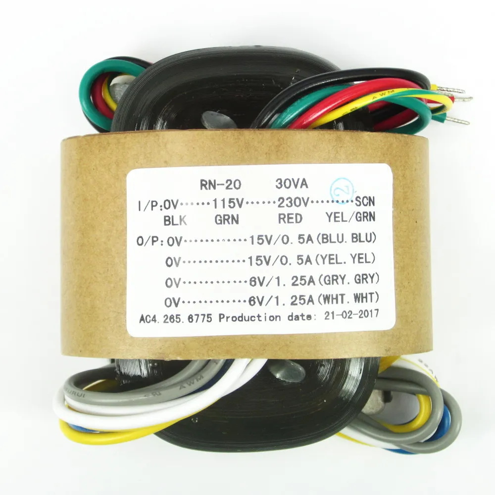 30W Dual 15V Dual 6V R type power transformer R cow sound transformer copper wire primary 115V-230V