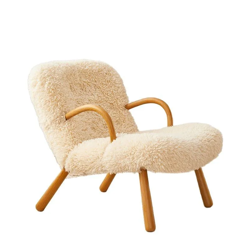 

Nordic rocking chair lamb wool lazy recliner solid wood bedroom rocking chair long hair sofa chair