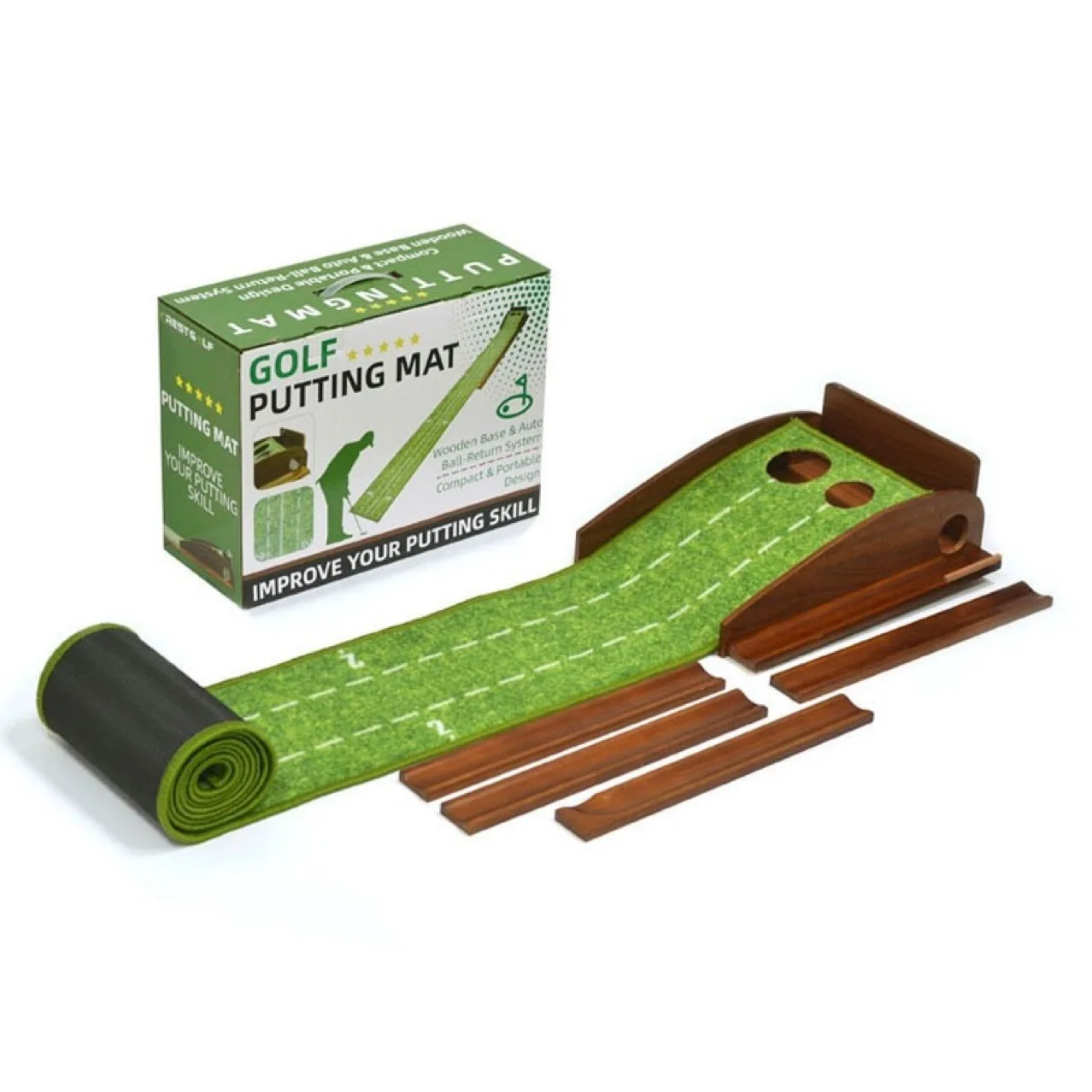 Golf Solid Wood Dual-Hole Putting Practice Tool with Return Track Nylon Putting Practice Mat