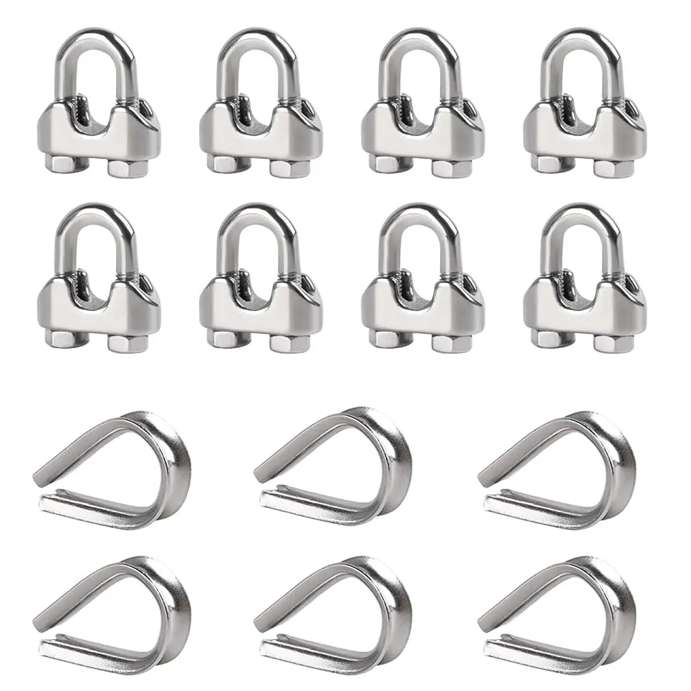 

8Pcs 5/16\ M8 Wire Rope Clamps 6Pcs M8 Wire Rope Thimble, 304 Stainless Steel Cable Clamps Kit for 5/16 inch Steel Cable Thim