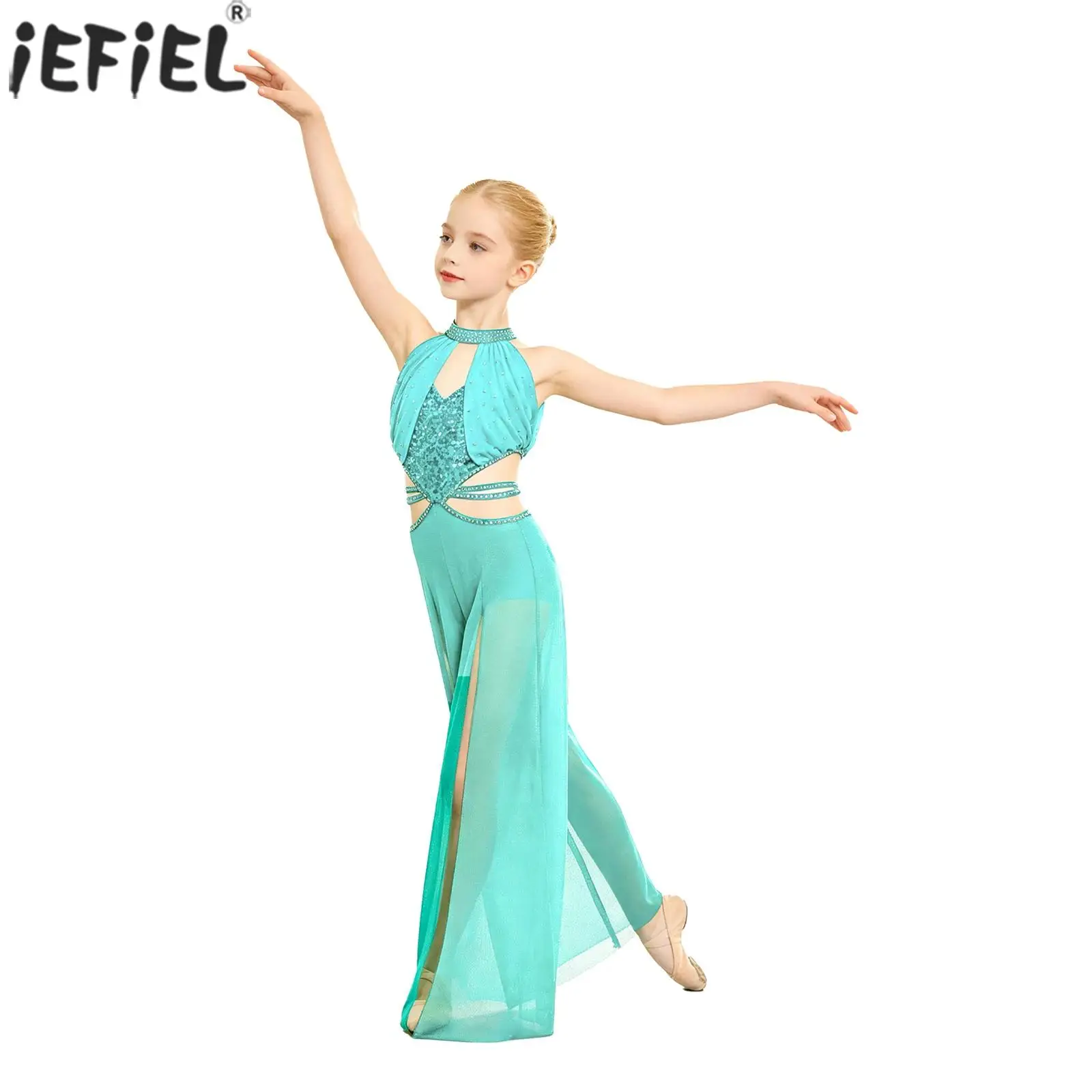 Kid Girls Lyrical Dance Jumpsuit Cutout Sleeveless Rhinestone Split Mesh Wide-leg Bodysuit Ballet Skating Contemporary Dancewear