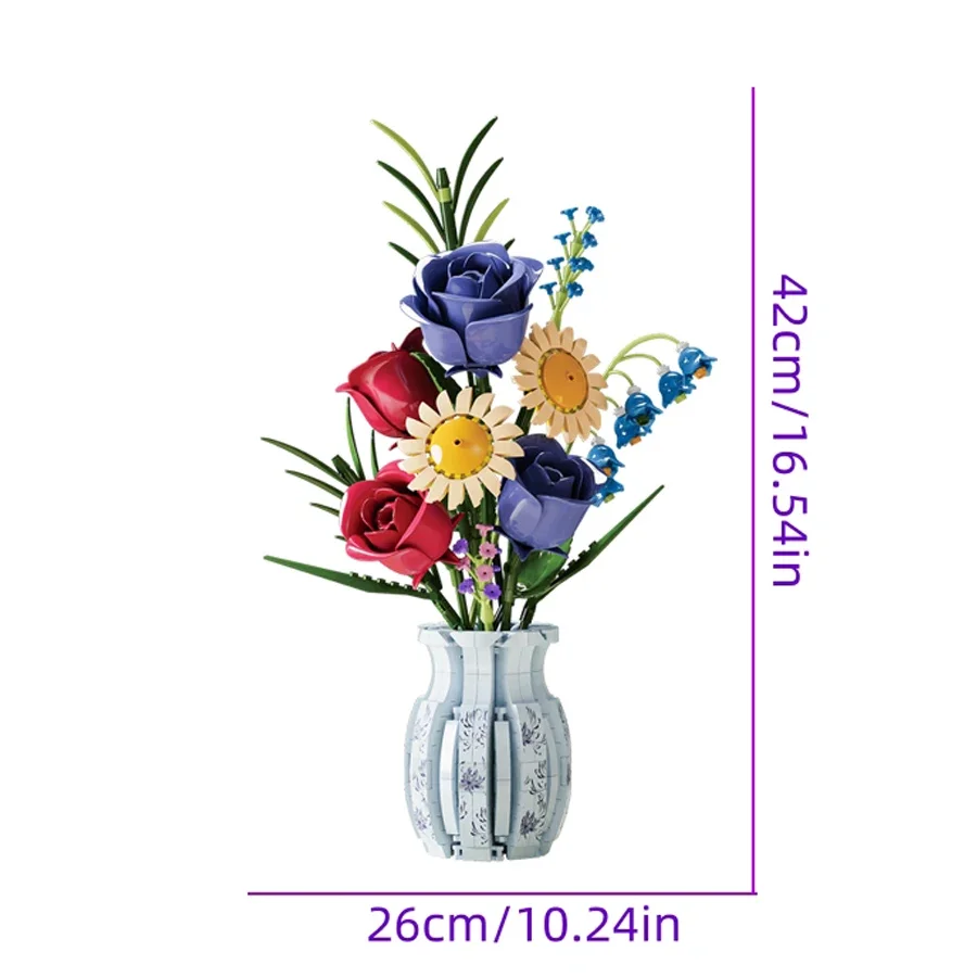 

2025 Creative Puzzle Bricks Assembled Autumn Rose Flower Vase Building Block Set Children Collection Toy Boys & Girls 787 PCS