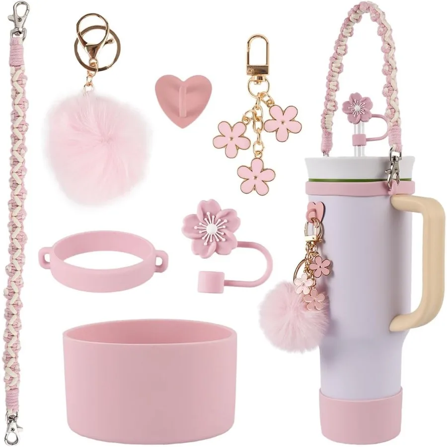 

Water Bottle HolderStraw Cover Silicone Boot Pompom Ball Daisy keychain Compatible with Cup16oz 24oz and 40oz